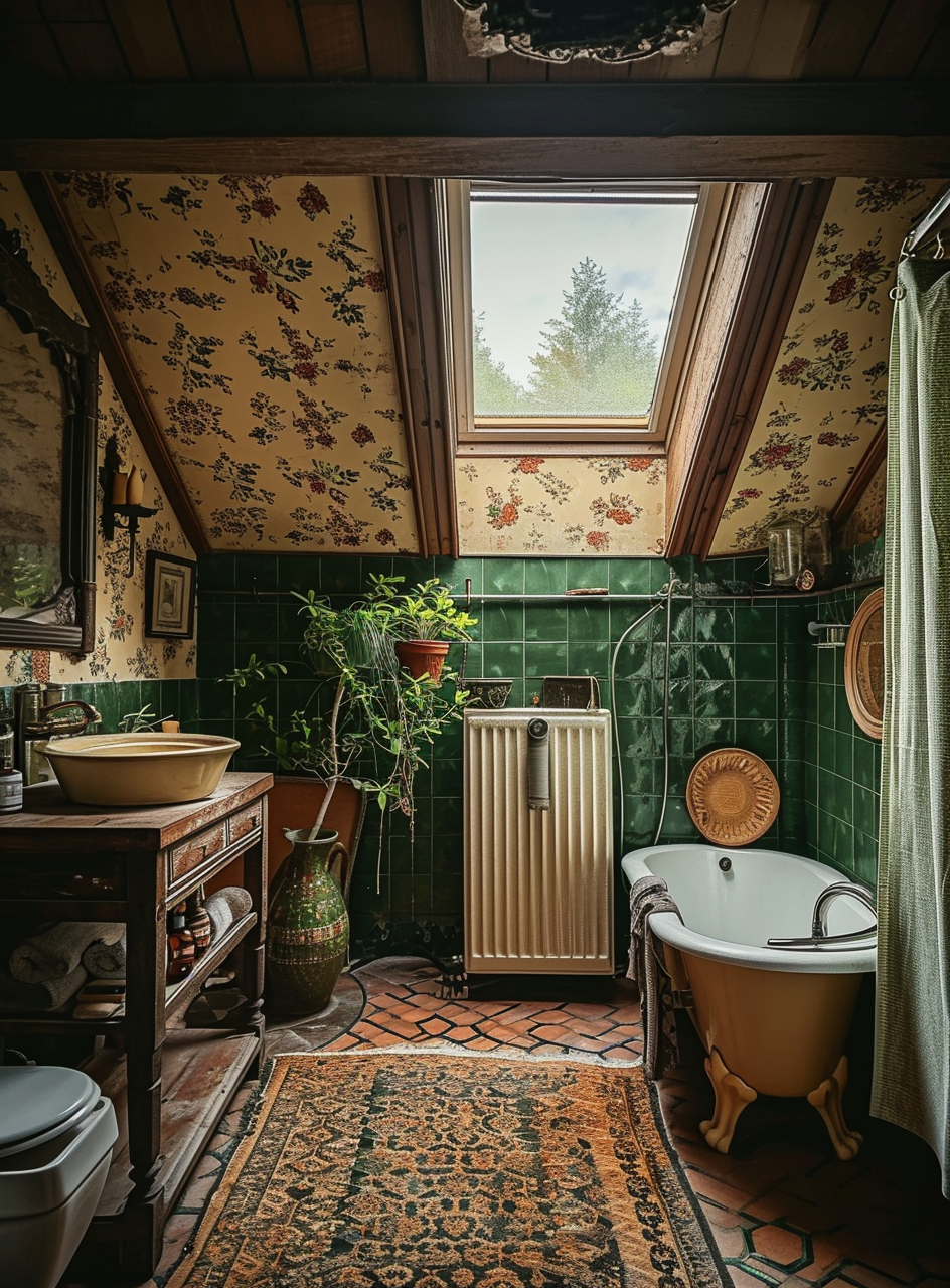 Elegant boho bathroom with freestanding bathtub and mosaic backsplash