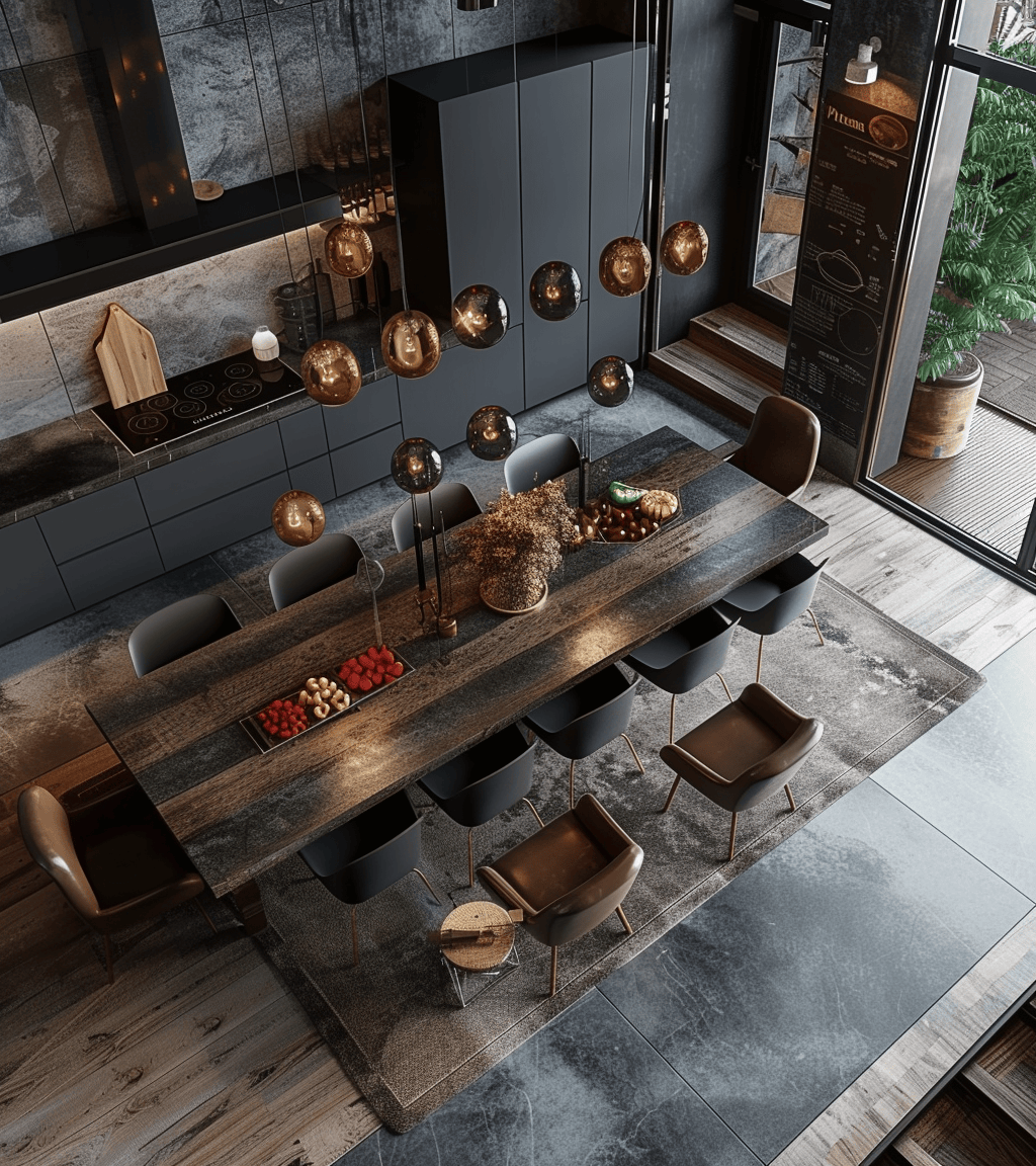 Elegant dark dining room with black velvet chairs and sophisticated tableware