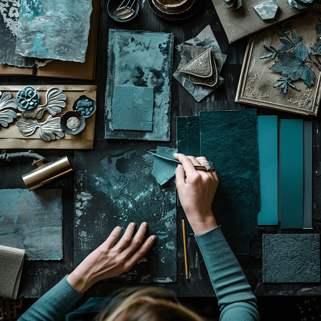 Elegant dark teal accents displayed in interior design moodboard