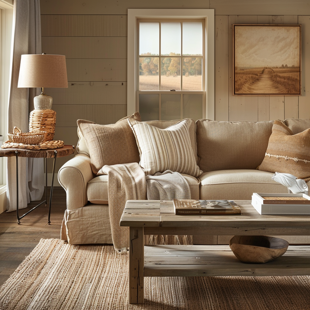 Elegant dining room in warm beige tones with natural wood and taupe chairs