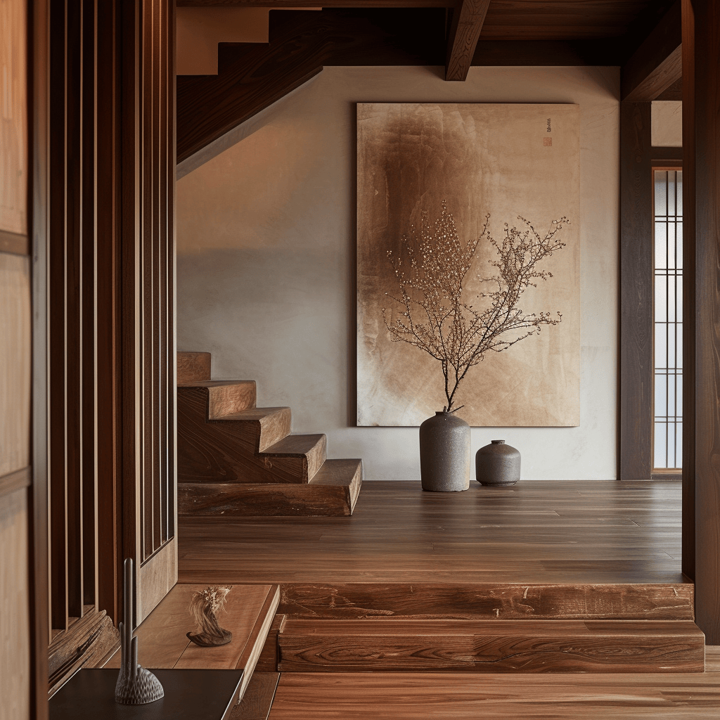 Elegant entrance in Japandi style with a focus on simplicity and natural beauty