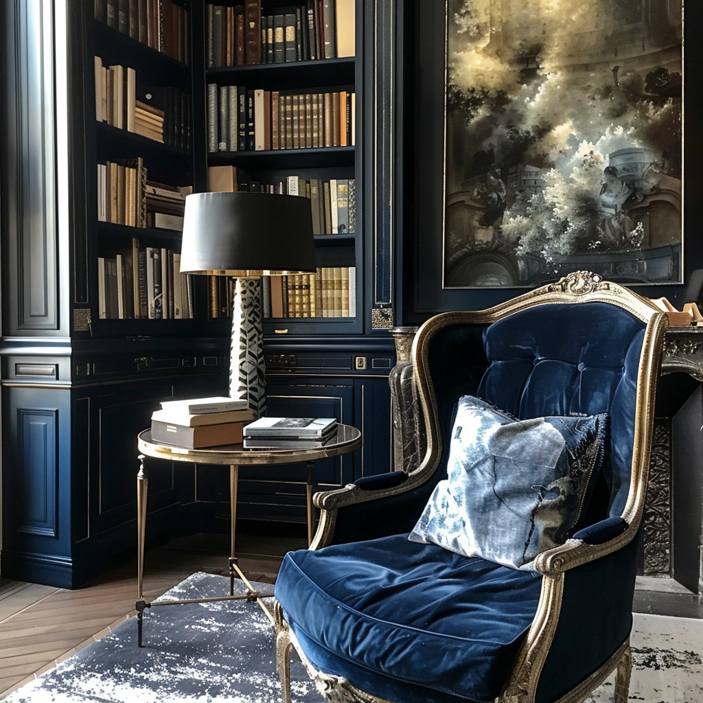 Elegant entryway with a navy accent wall, complemented by gold frames and a white console table