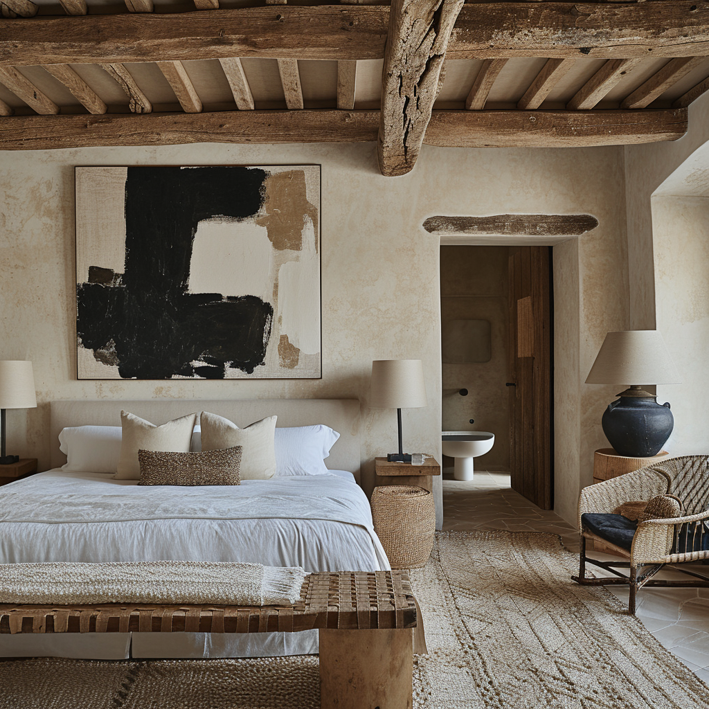 Elegant farmhouse bedroom featuring a vintage chandelier and classic white linens