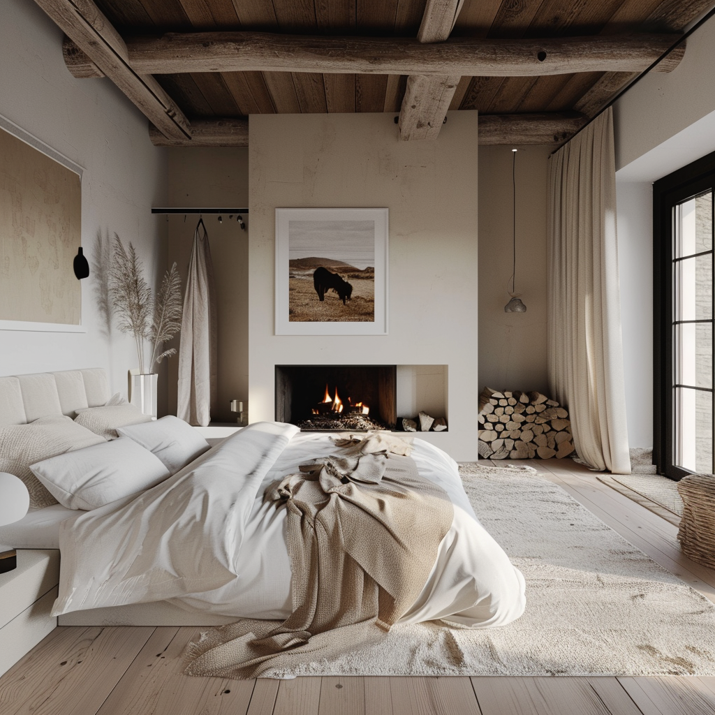 Elegant farmhouse bedroom with a classic four-poster bed and soft lighting