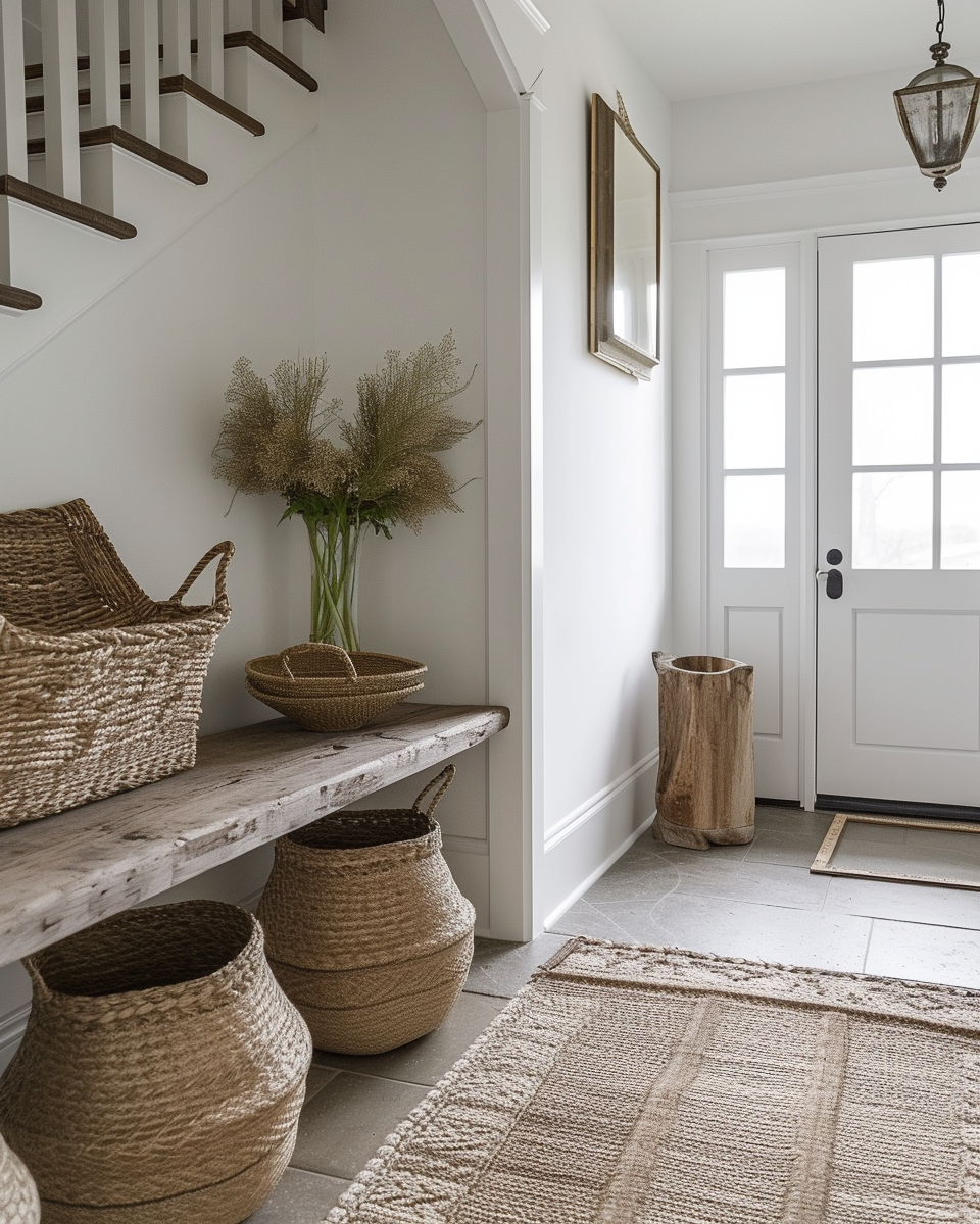 Elegant farmhouse entryway with a large rustic clock and seasonal wreaths