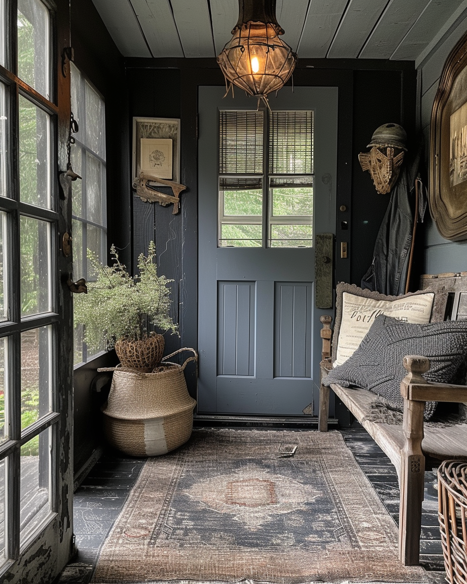 Elegant farmhouse entryway with vintage console table and antique decor items