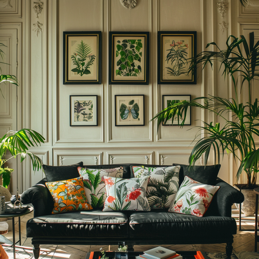Elegant lounge with a large botanical print rug, green velvet accents, and lush houseplants for a natural vibe