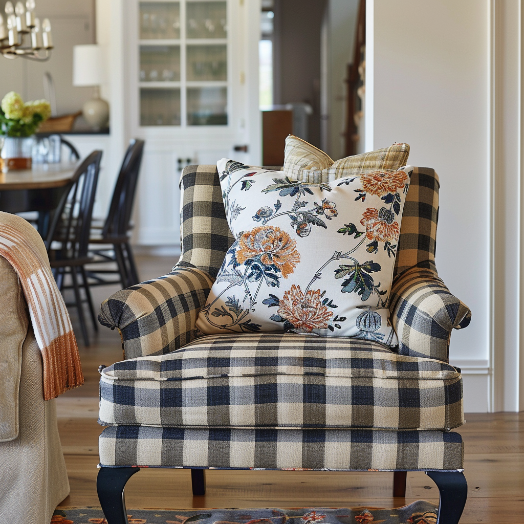 Elegant modern farmhouse living room with floral bedding and plaid curtains, balancing rustic and chic