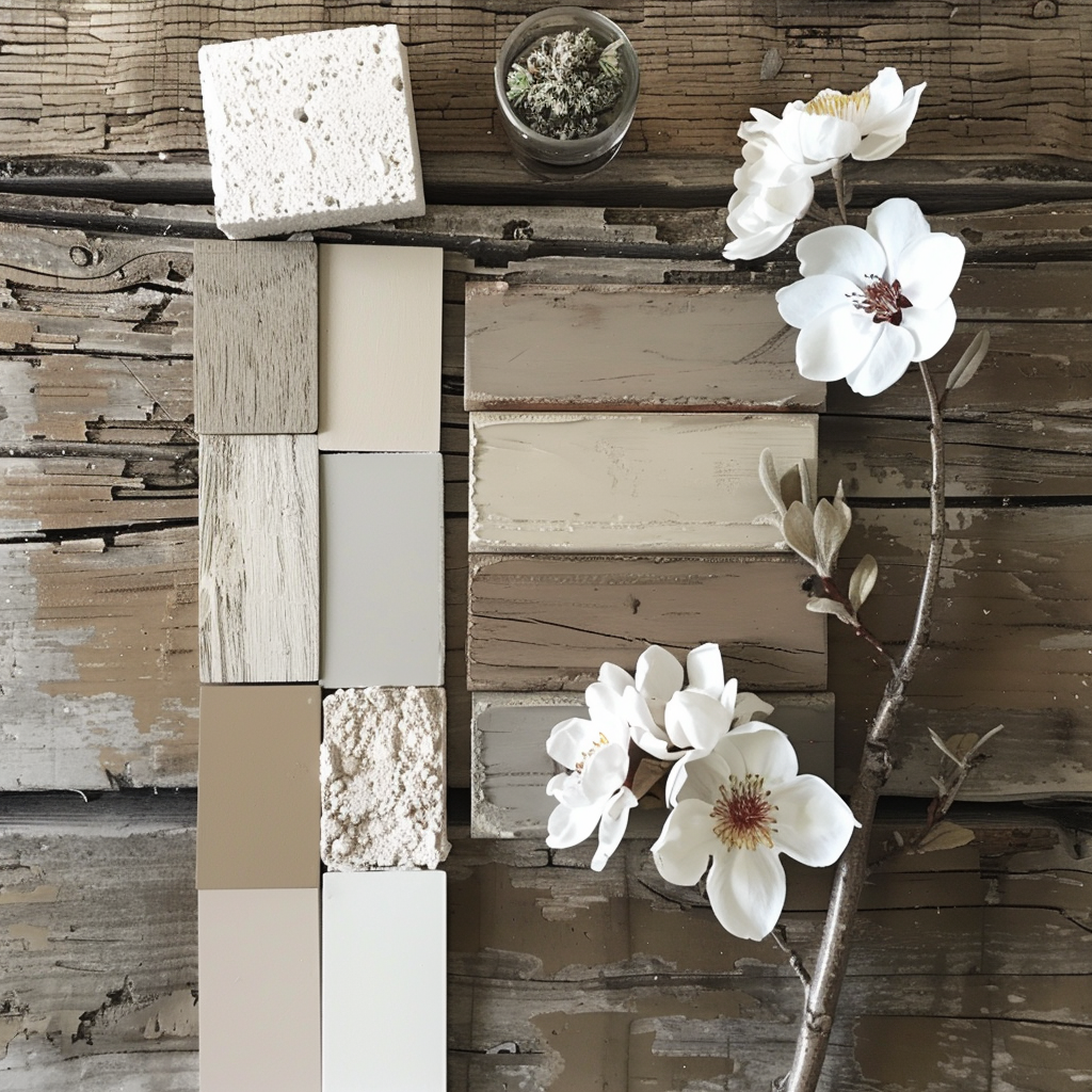 Elegant neutral toned modern farmhouse mood boardwith natural textures