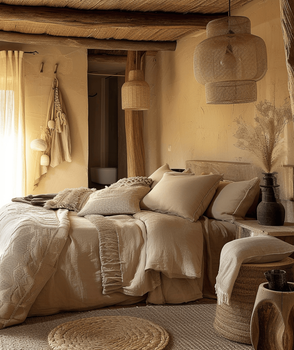 Elegant rustic bedroom boasting a wrought iron bed frame, adding an industrial touch