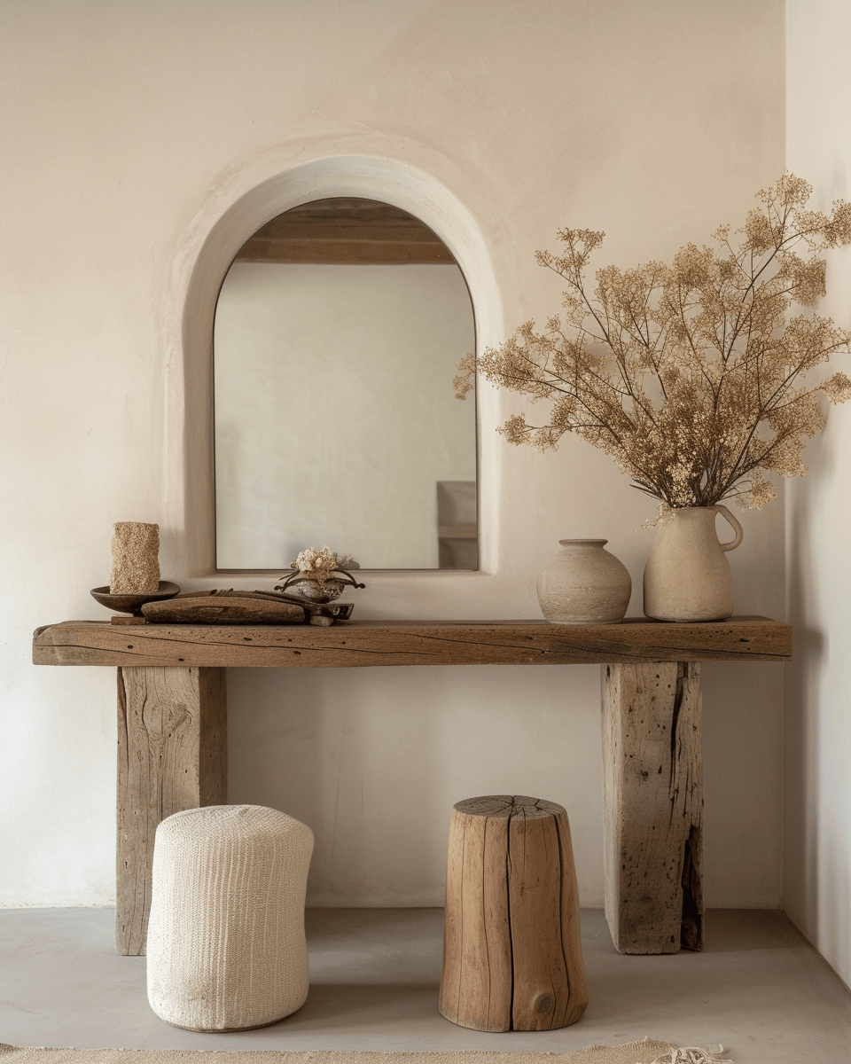 Elegant rustic chic hallway with sophisticated decor elements that add a touch of glamour to the traditional rustic style