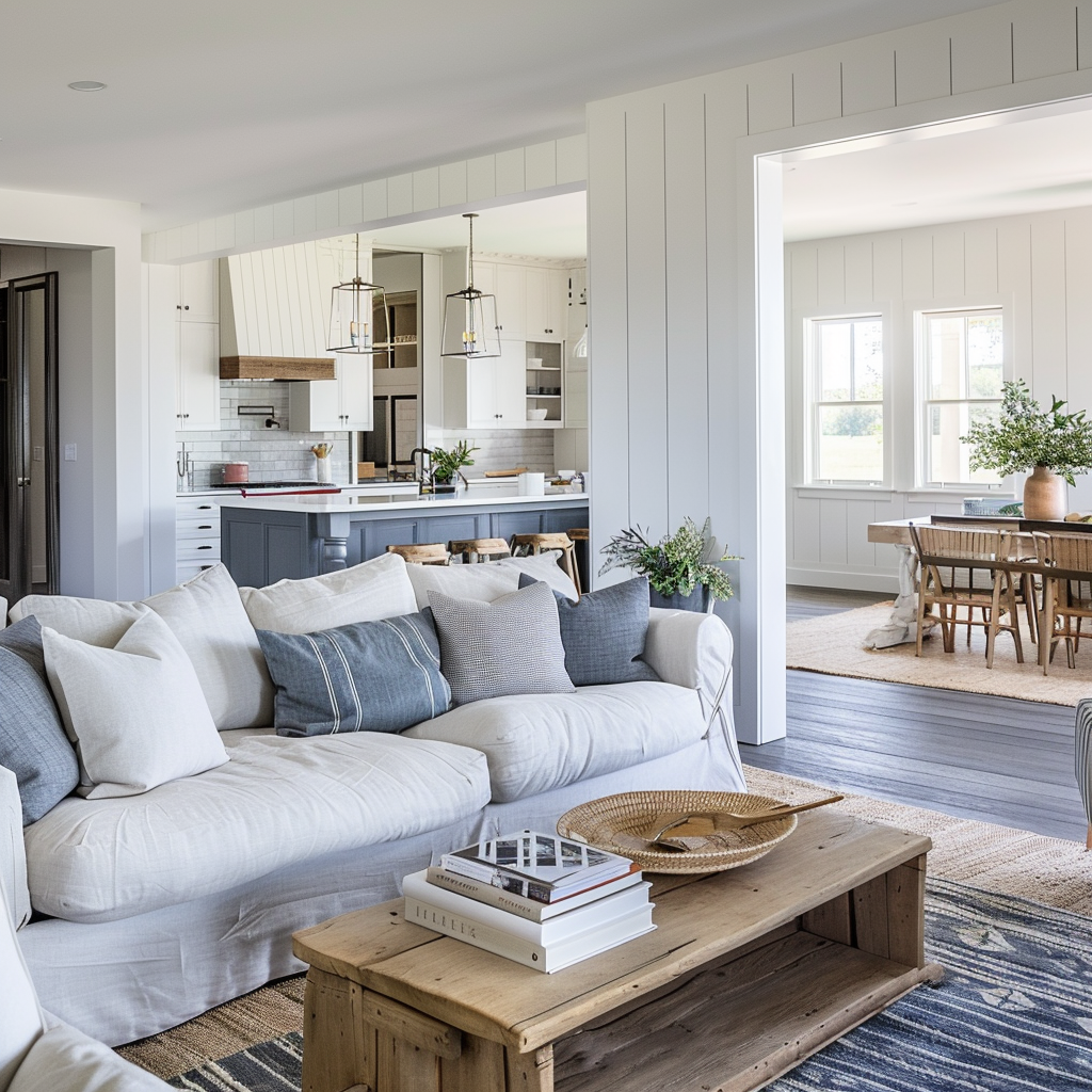 Elegant transition of colors from one room to another in a thoughtfully designed farmhouse home