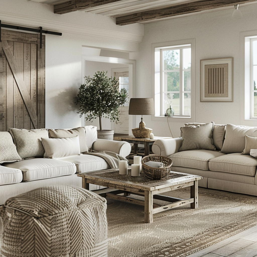 Elegantly furnished modern farmhouse living room with carefully selected pieces