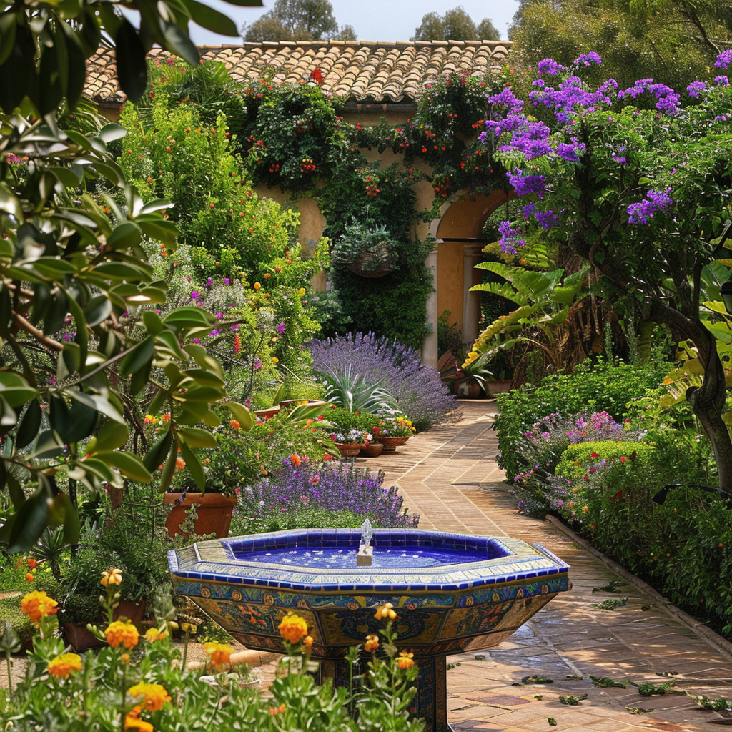 Enchanting Mediterranean garden featuring a cobalt blue fountain, terracotta paths, and vibrant flora