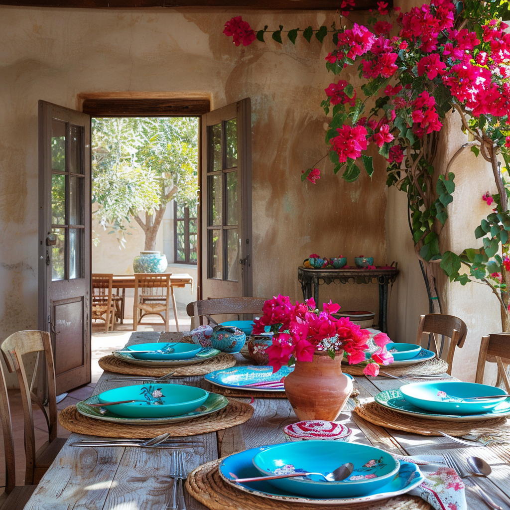 Energetic Mediterranean dining room with beige walls, a rustic table, vibrant turquoise and coral tableware and linens, and a pink bougainvillea centerpiece