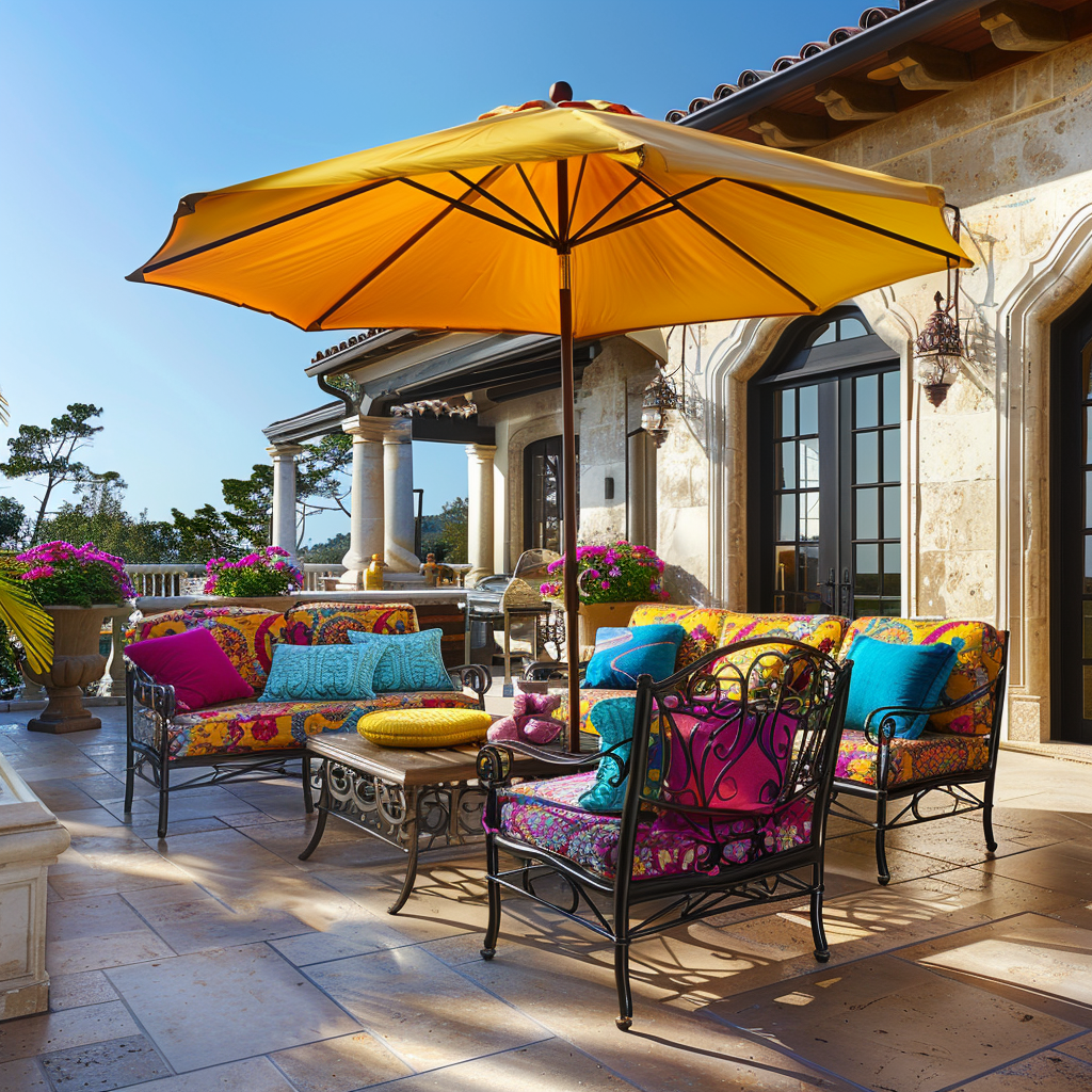 Energetic Mediterranean terrace showcasing soft beige flooring, wrought iron pieces with bright fuchsia and turquoise cushions, and a eye-catching canary yellow shade umbrella