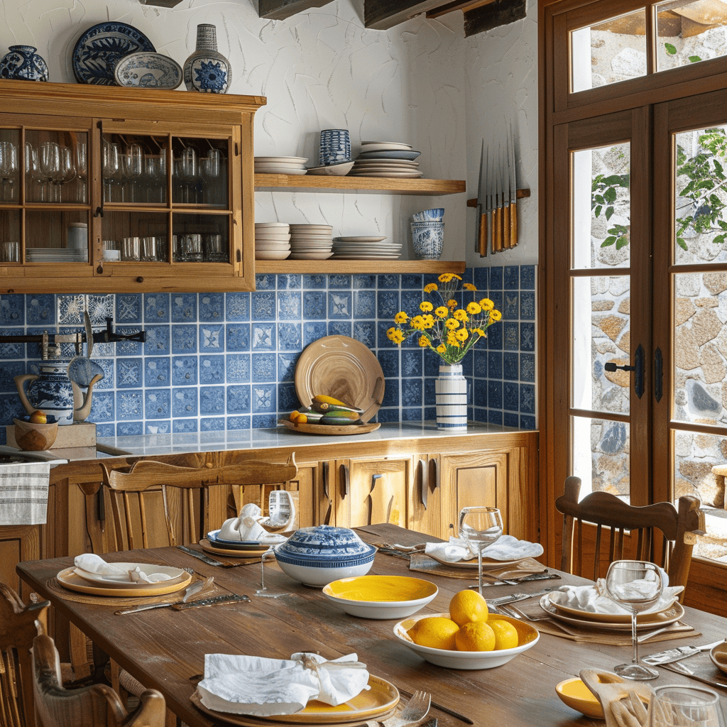 Engaging Mediterranean kitchen with a calming blue backsplash, inviting wood cabinets, a dining table featuring pristine white linens and vibrant yellow ceramic dinnerware