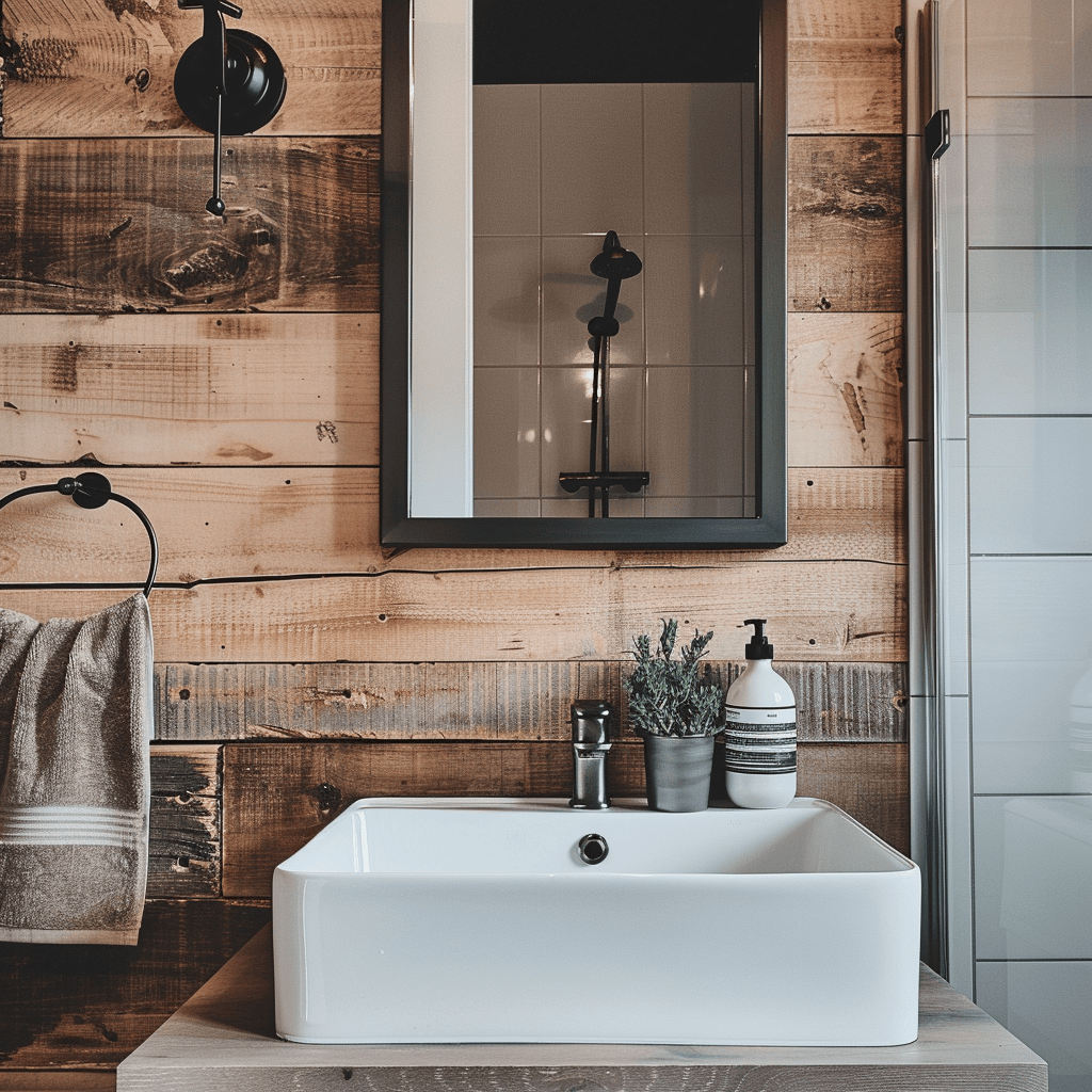 Environmentally conscious Scandinavian bathroom showcasing water conserving fixtures and repurposed wood elements