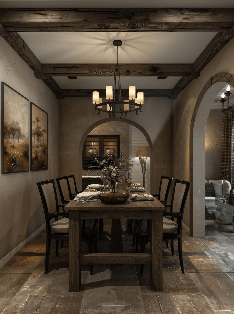 Essential rustic dining room furniture and decor in a warmly lit space