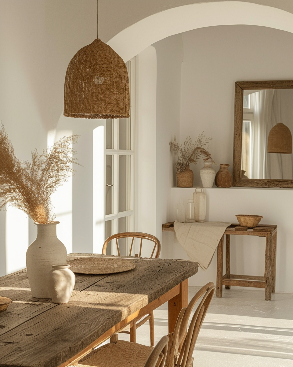 Ethnic and cultural artifacts bringing a personal touch to a modern boho dining room