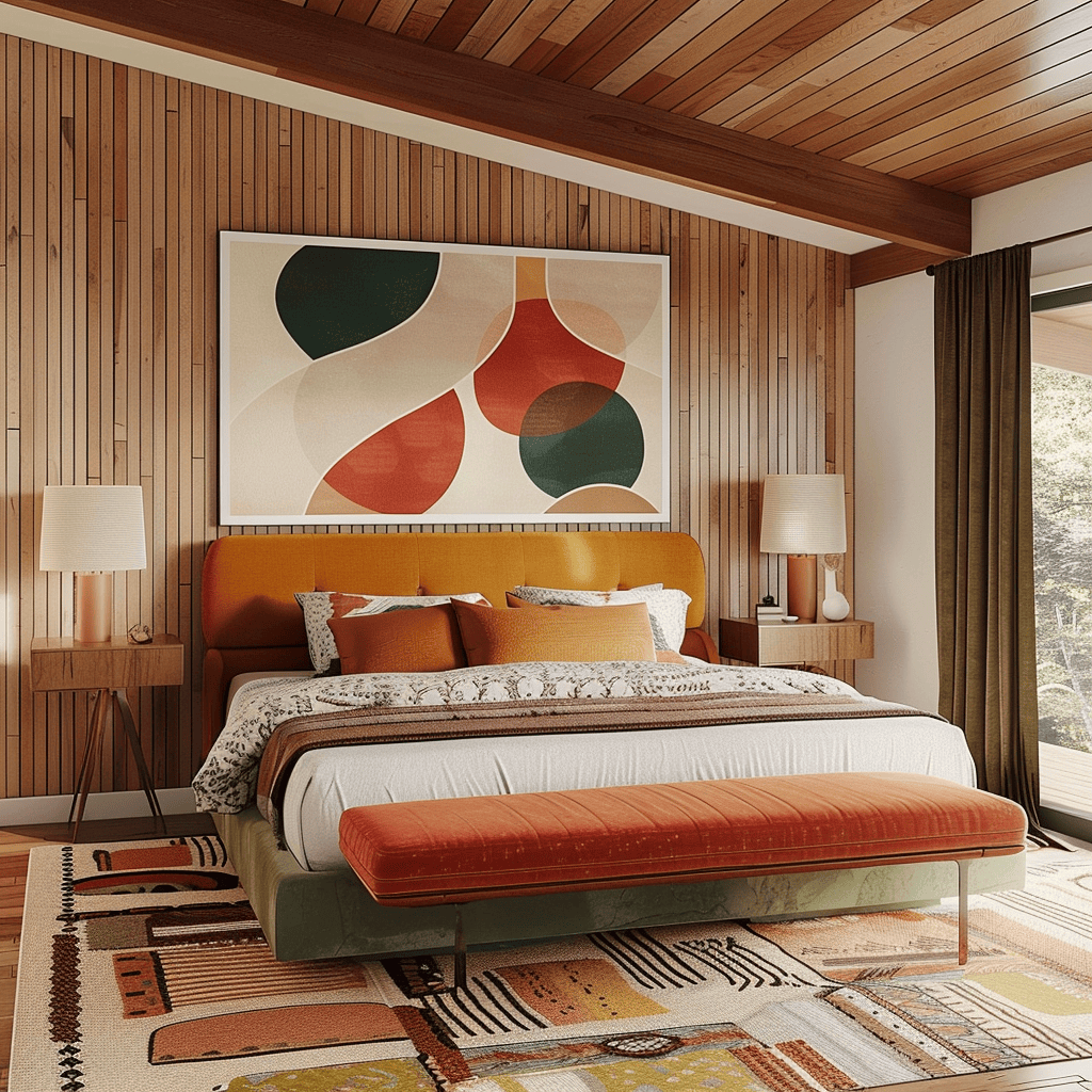 Experience the harmonious blend of mid-century modern design and natural elements in this bedroom, featuring indoor plants, natural materials, and organic shapes that bring the outdoors in