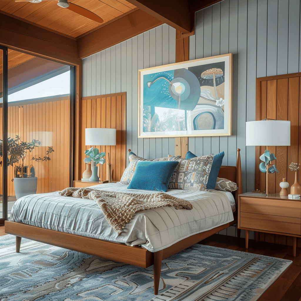 Experience the impact of a well-designed color scheme in this mid-century modern bedroom, where a mix of warm earthy tones, cool blue accents, and crisp white elements work together to create a captivating and balanced visual composition