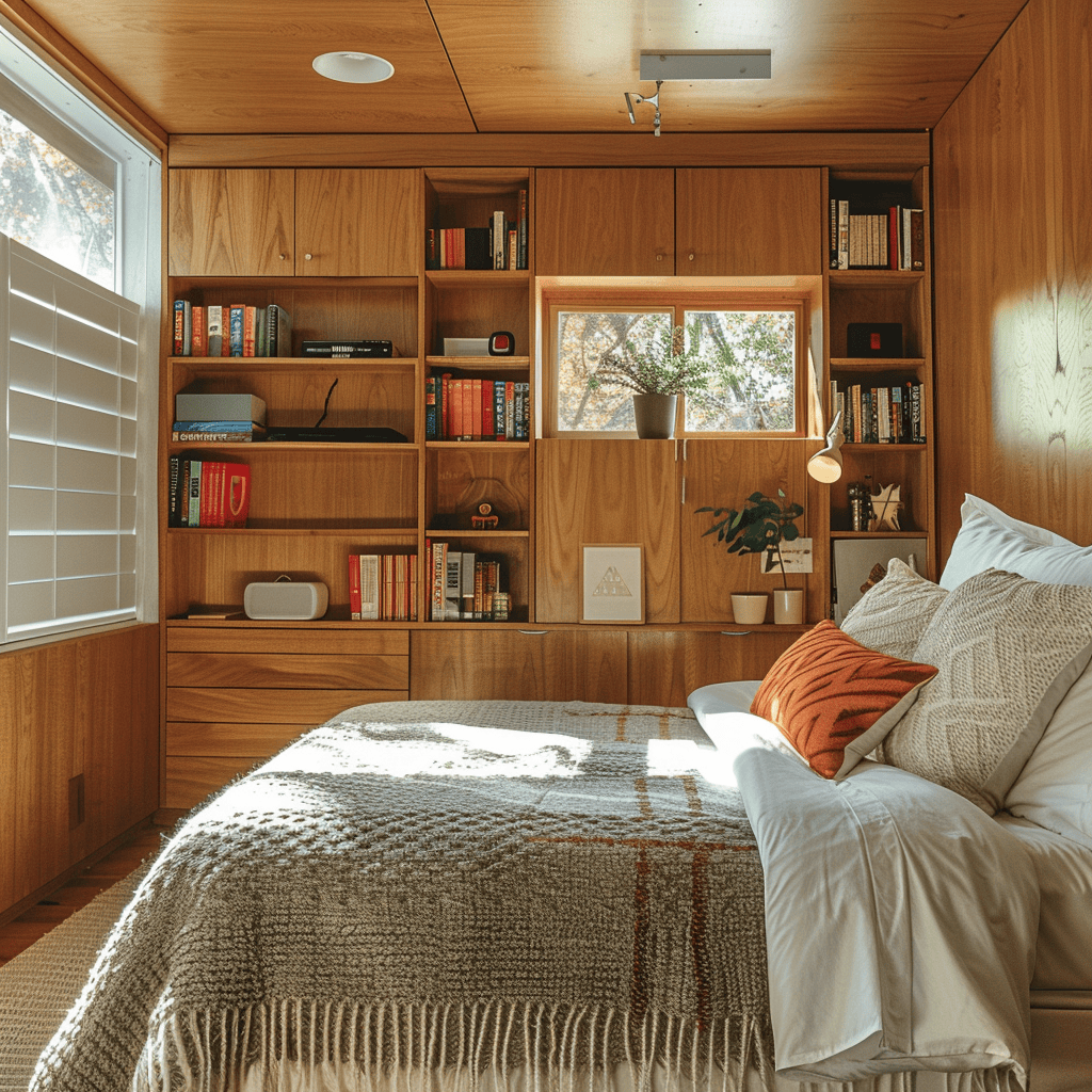 Experience the perfect balance of storage and style in this mid-century modern bedroom, featuring built-in shelves, floating nightstands, and a platform bed with hidden drawers that maximize space without compromising the minimalist design