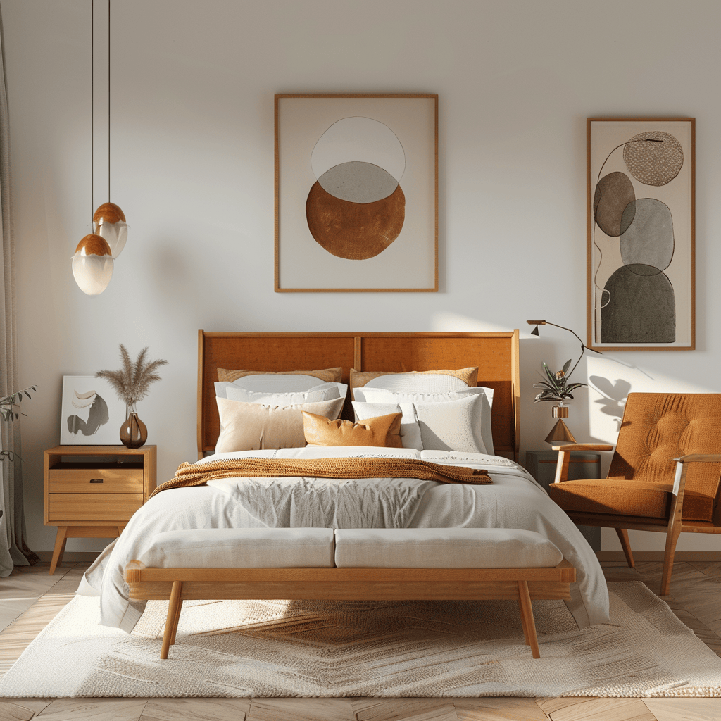 Experience the quintessential elements of mid-century modern design in this bedroom, showcasing clean lines, organic shapes, and a focus on functionality that define the style