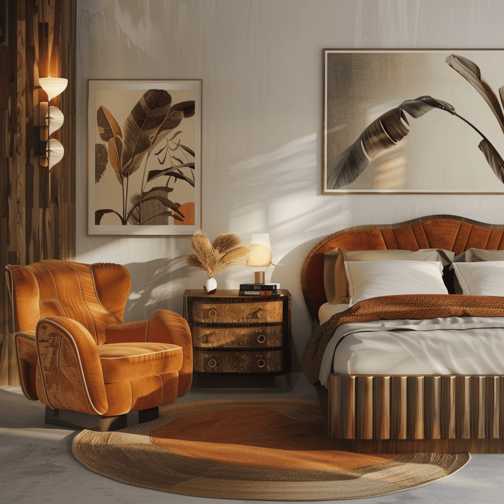 Experience the tranquility of this mid-century modern bedroom, designed as a serene retreat with a focus on simplicity, soothing scents, and a calming soundscape that encourages relaxation and well-being