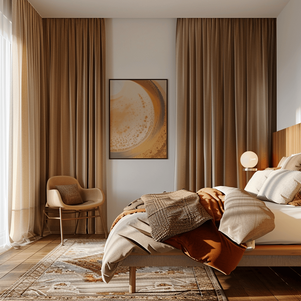 Experience the transformative power of textiles and fabrics in this mid-century modern bedroom, where plush bedding, flowing curtains, and a cozy area rug soften the minimalist edge and create a welcoming atmosphere