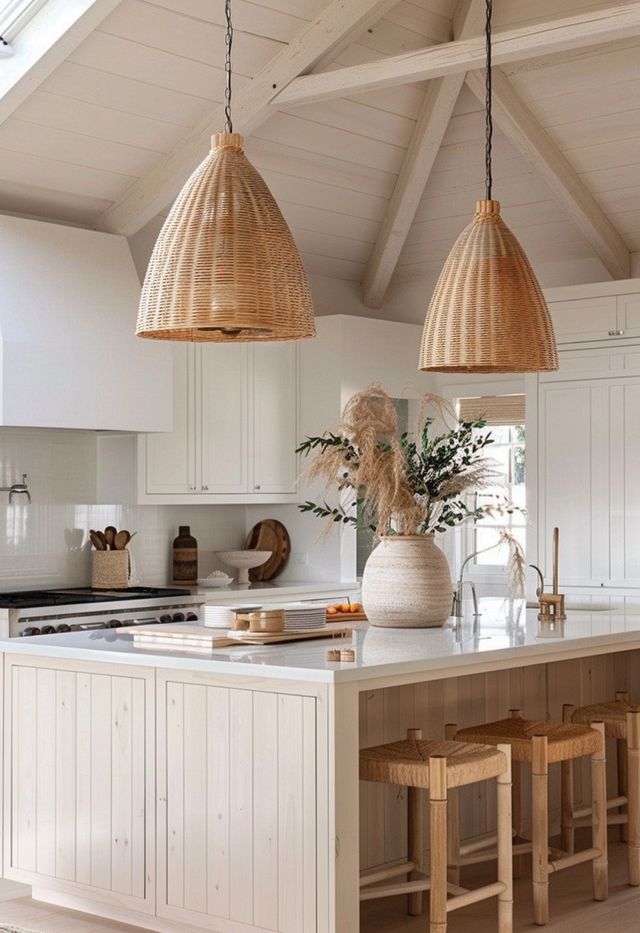 Exposed brick walls offering texture and character in a modern boho kitchen setting