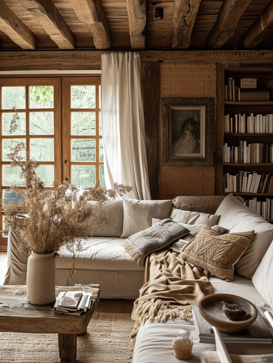 Exposed brick wall painted white in a modern rustic living room