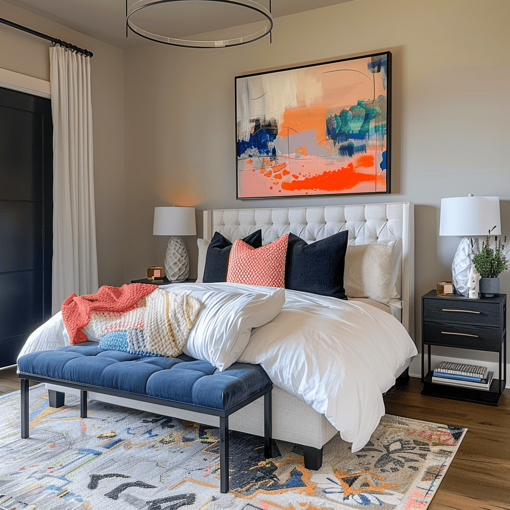 Expressive modern bedroom with a focus on incorporating bold color accents for a unique and personalized touch