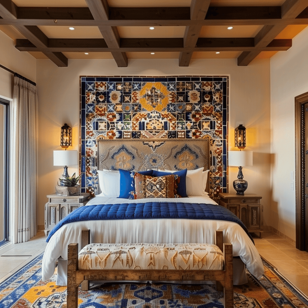 Eye-catching Mediterranean bedroom featuring a vibrant patterned tile backsplash, adding a splash of Mediterranean flair and visual interest