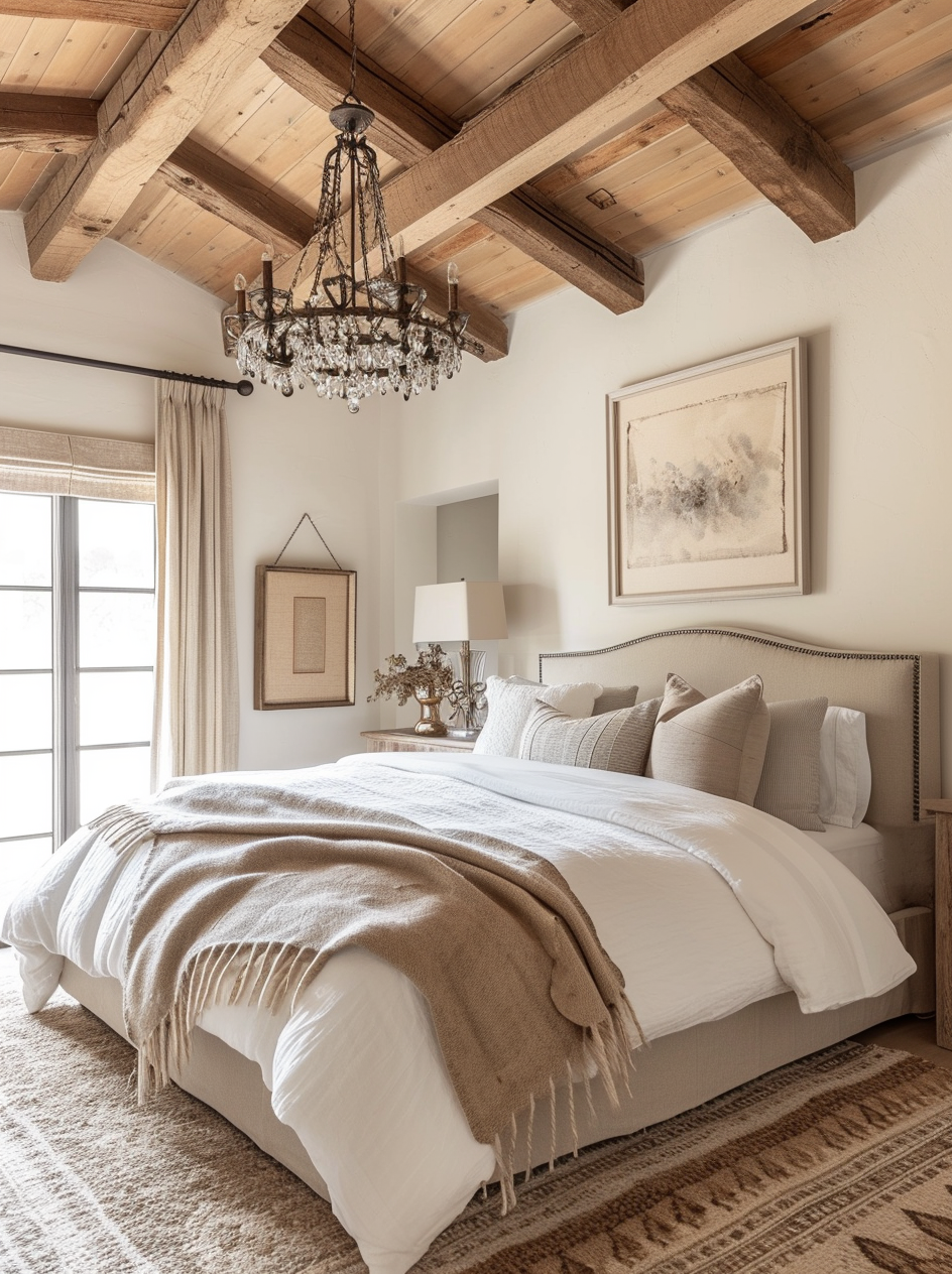 Farmhouse bedroom featuring a striking dark wood bed frame and neutral bedding