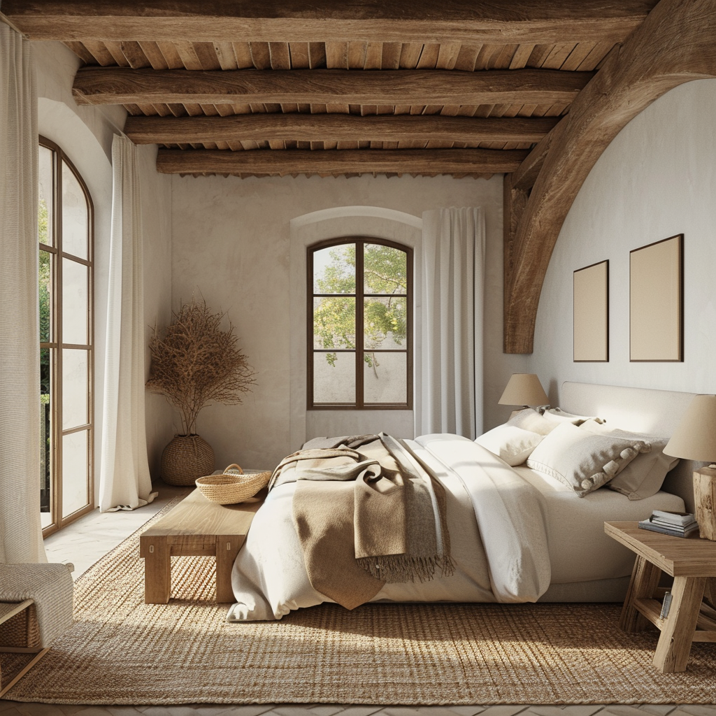 Farmhouse bedroom with a serene blue and white color scheme and classic decor