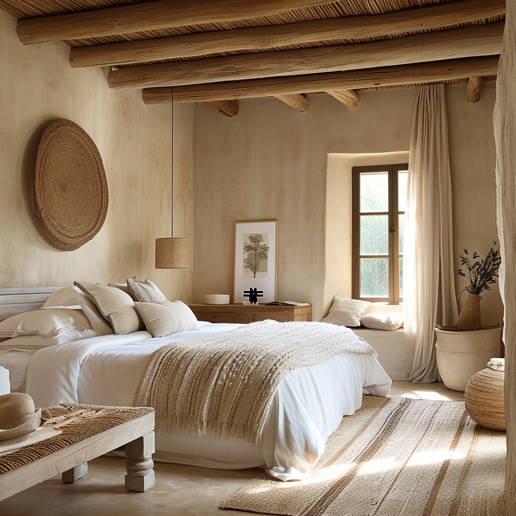 Farmhouse bedroom with a statement headboard and elegant lighting fixtures