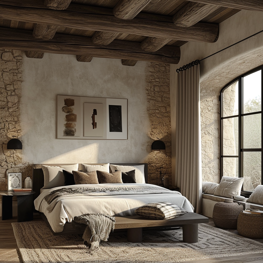 Farmhouse bedroom with a stunning barn door and rustic wooden furniture