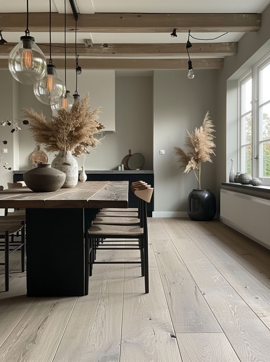 Farmhouse dining room floor inspiration featuring hardwood and natural textures