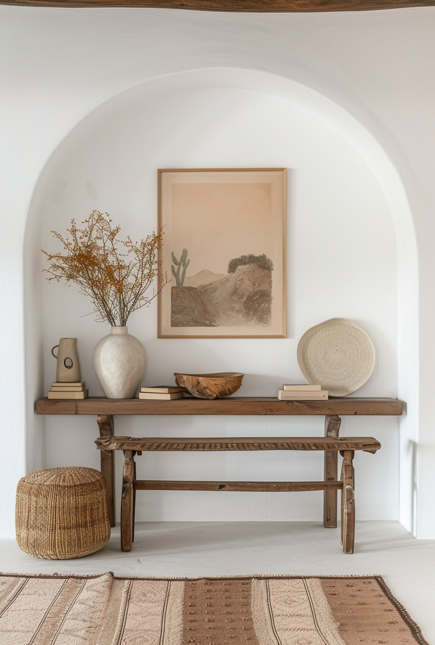 Farmhouse entrance way with a welcoming bench and lush plant decor