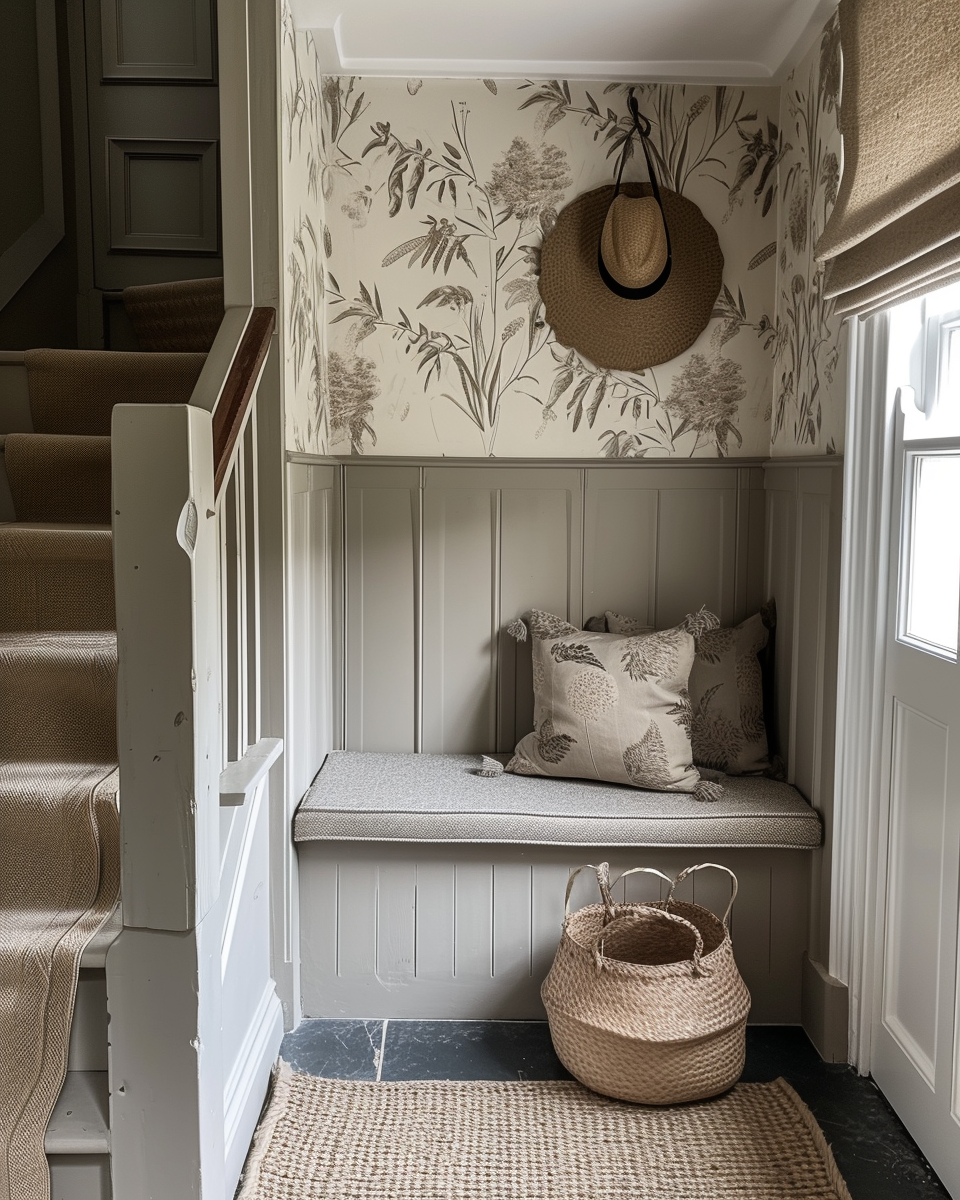 Farmhouse hallway featuring a rustic wooden bench and shiplap wall paneling