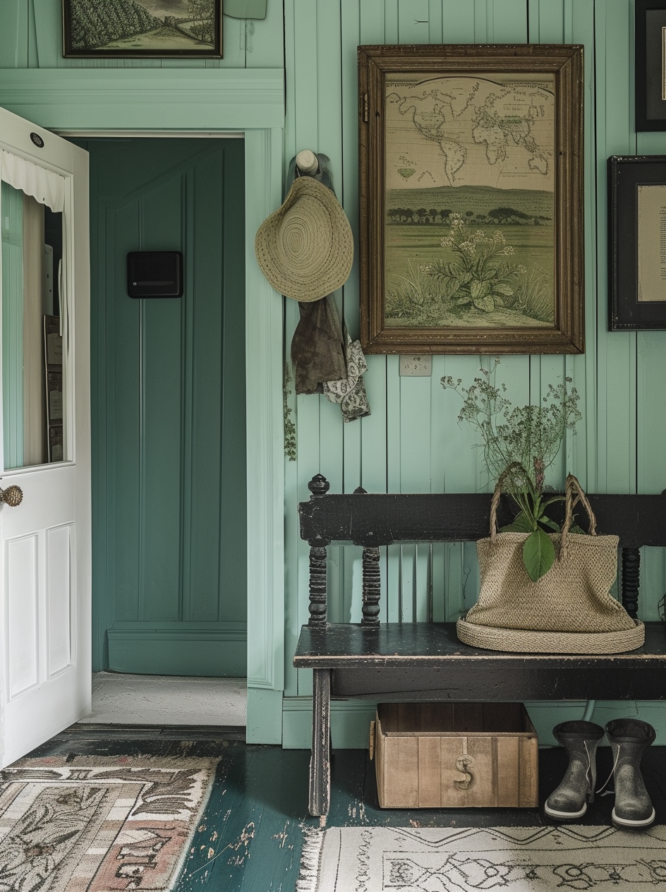 Farmhouse hallway with natural jute rug runner and welcoming wooden sign