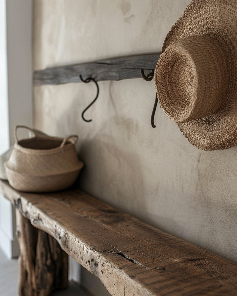 Farmhouse hallway with stylish hat and boot storage solutions and entryway bench