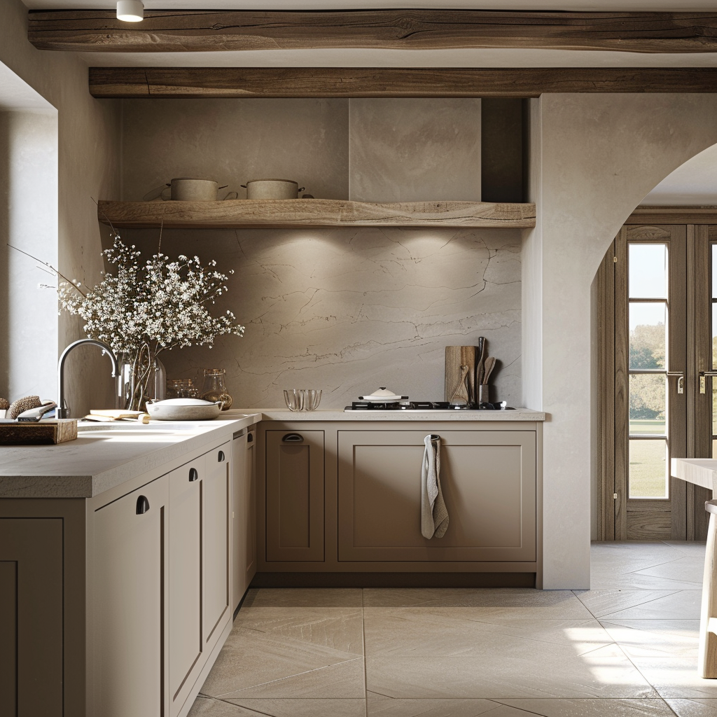 Farmhouse kitchen framework visual outlining the integration of modern and traditional elements