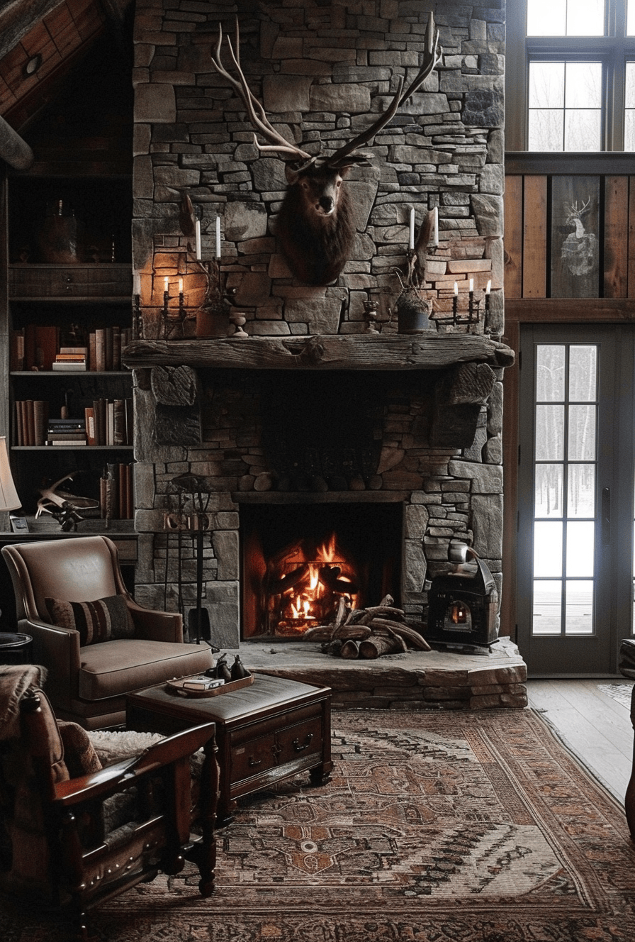 Farmhouse sink in an open-concept rustic living room and kitchen