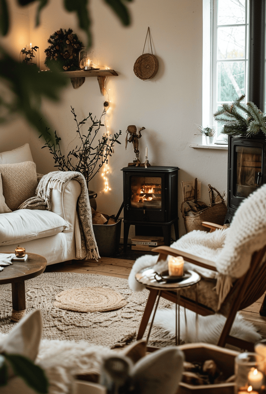 Faux fur throws and pillows on a rustic living room couch