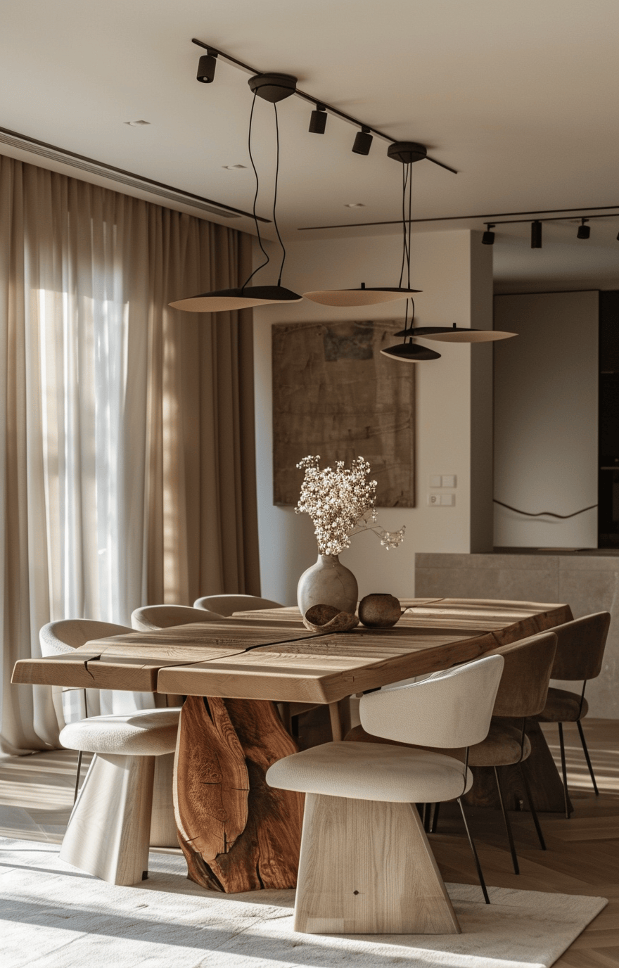 Floor cushions in a Japandi dining room for casual seating