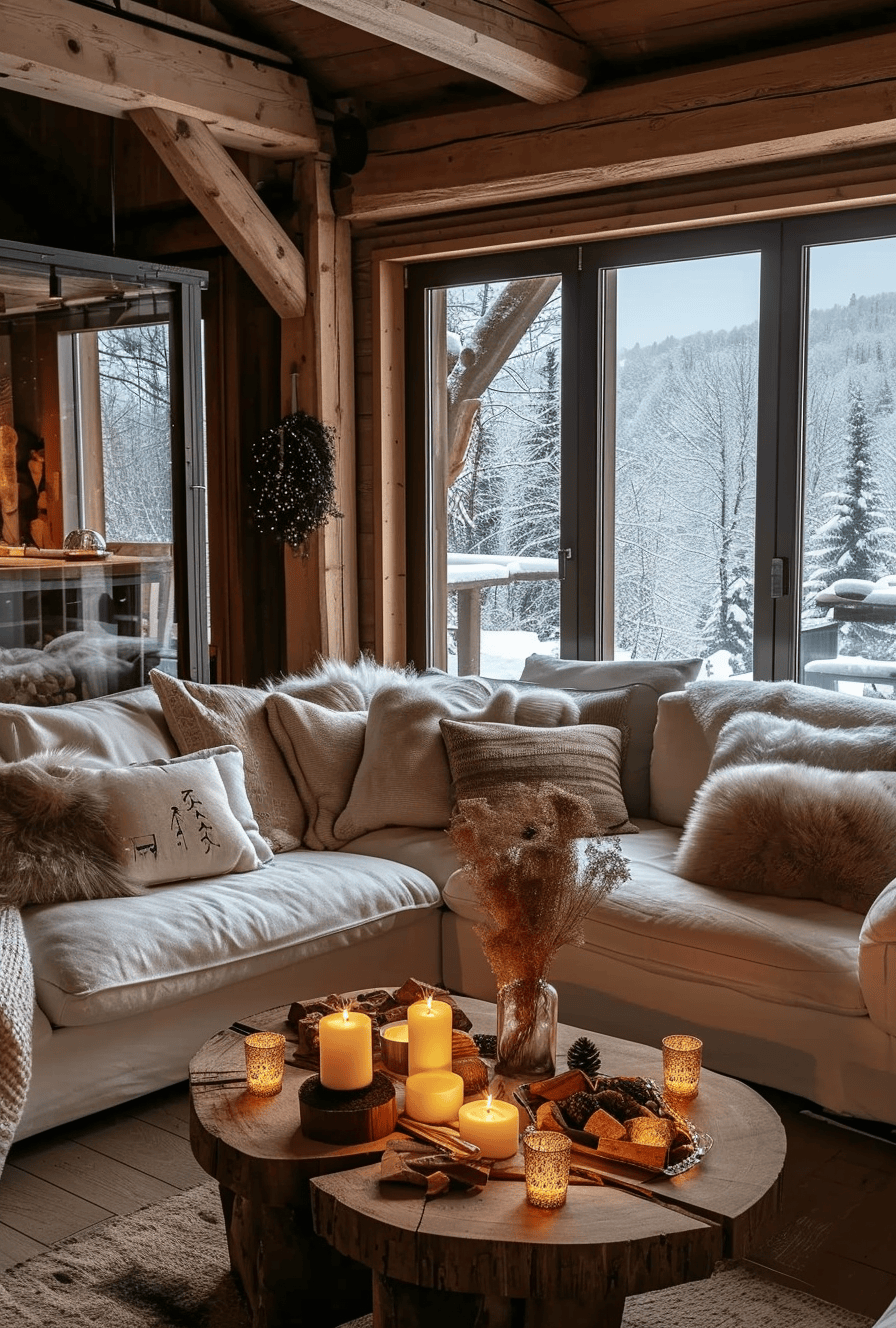 Floral arrangements with wildflowers in a rustic living room