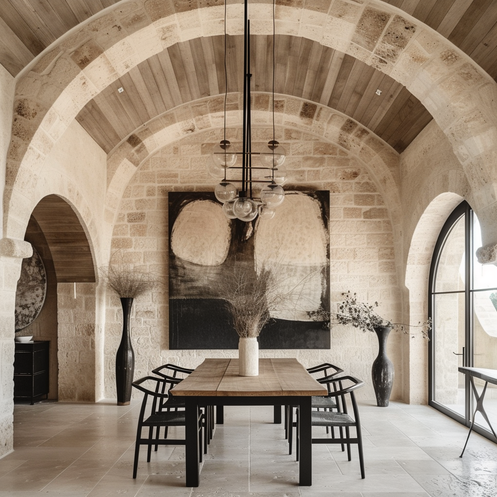 Focal point farmhouse dining room with statement chandelier and accessories