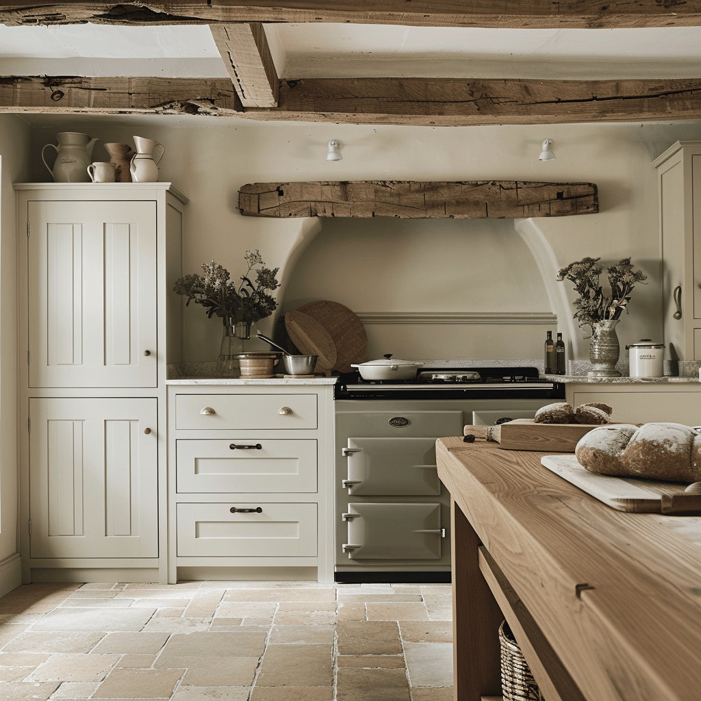 Freestanding furniture pieces in this English countryside kitchen add rustic charm while providing practical storage solutions